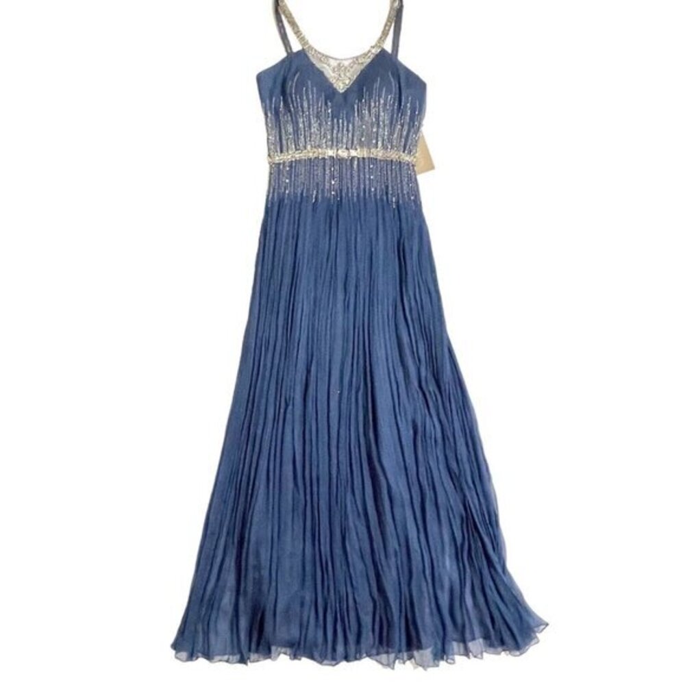 Mignon Dress VM570 Carbon Blue 100% Silk Grecian Beaded Crystals Gown SZ 12 NWT